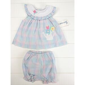 Vintage Samara Dress 6-9 Months Pastel Gingham Appliqué Diaper Cover Floral